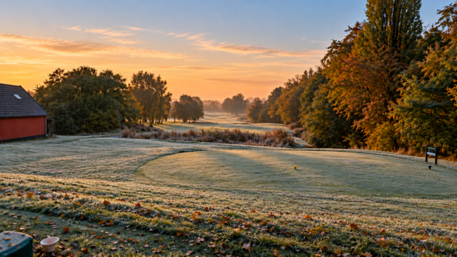 Frosty Autumn Golf Course At Dawn